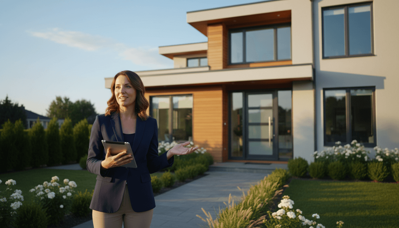 Real estate agent presenting a modern Florida home to prospective investors