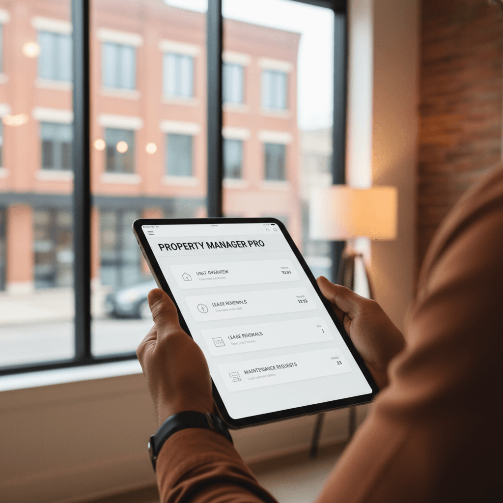 A warm, professional documentary aesthetic close-up of a property manager's hands holding a digital tablet