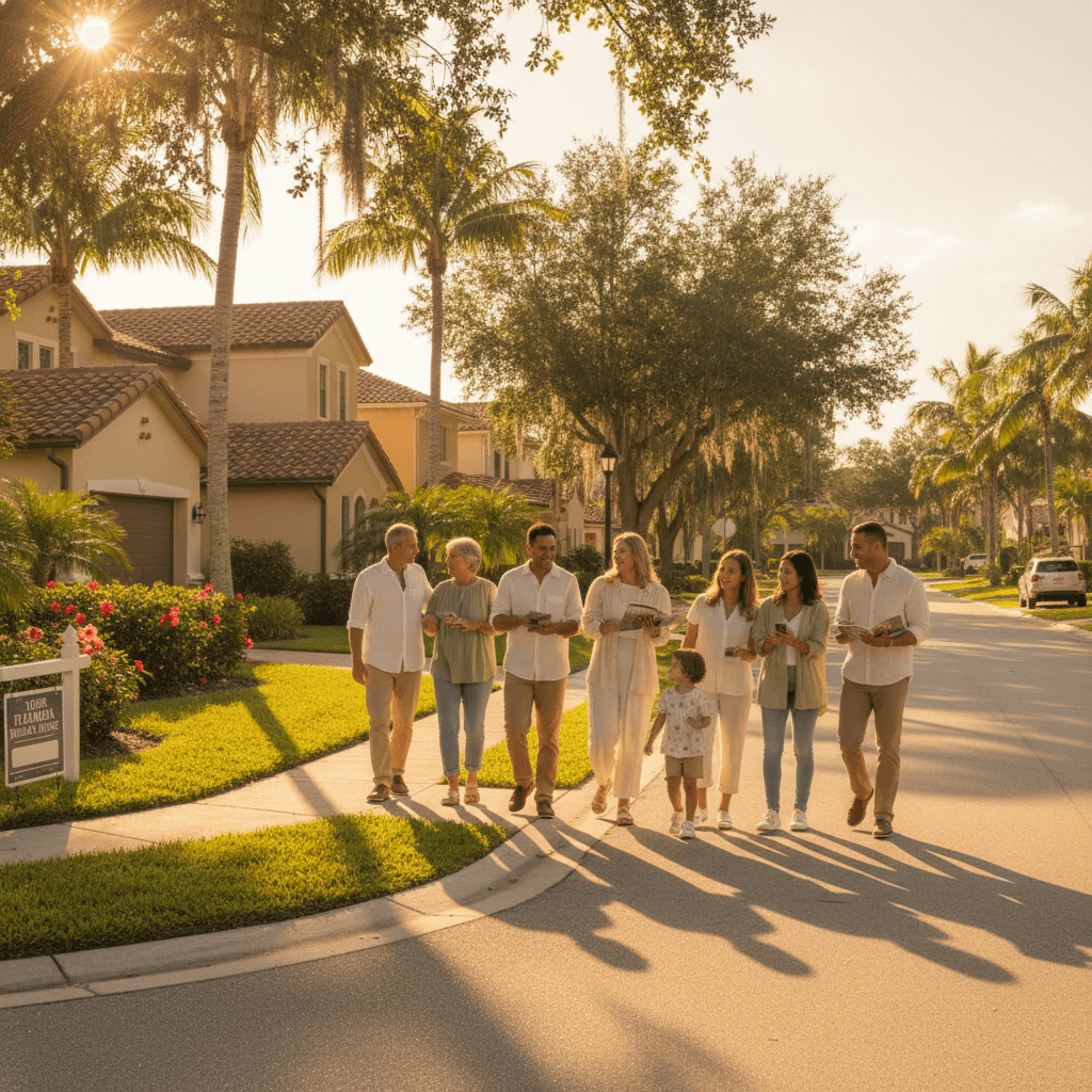 A warm, cinematic aesthetic wide shot of a multi-generational family walking through a residential neighborhood in Florida