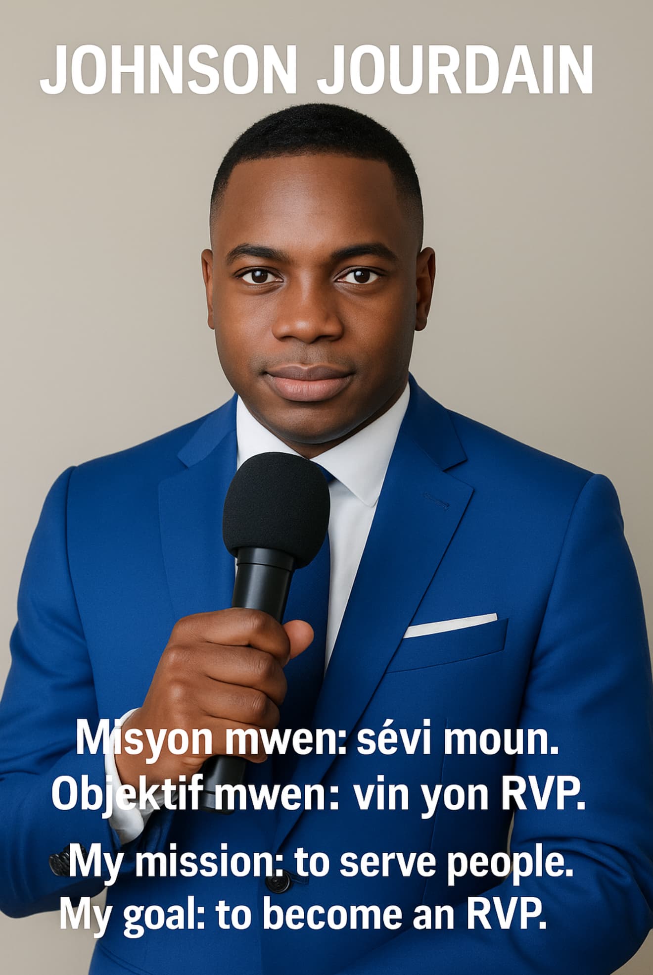 Johnson Jourdain in a blue suit holding a microphone with mission and goal text.